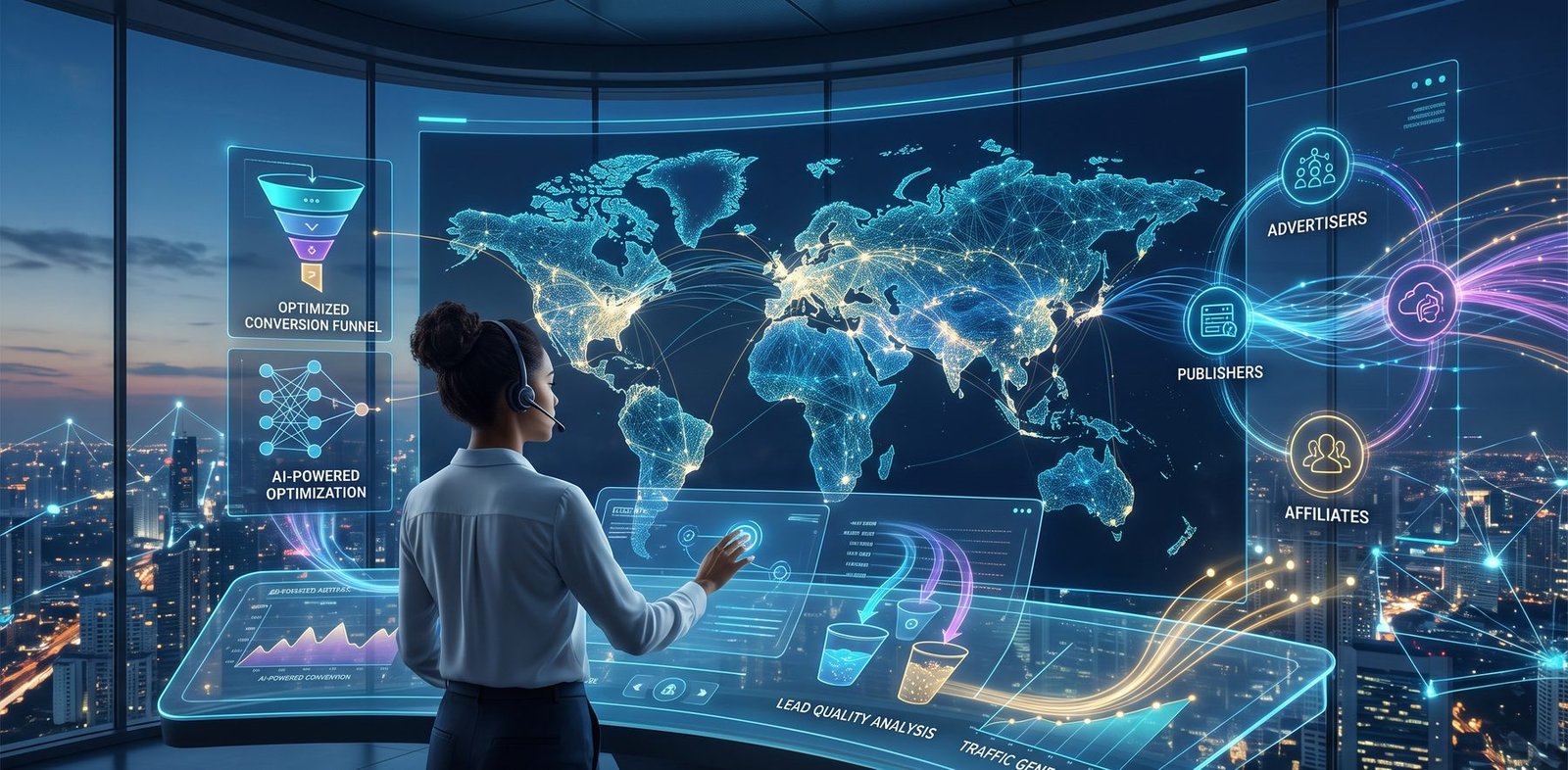 Operations analyst reviewing a global offer routing map, conversion funnel panel, and partner network across advertisers, publishers, and affiliates