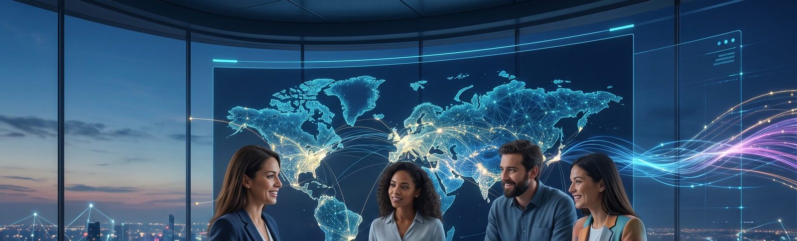 Partnership team reviewing a global offer and traffic map together at an operations console
